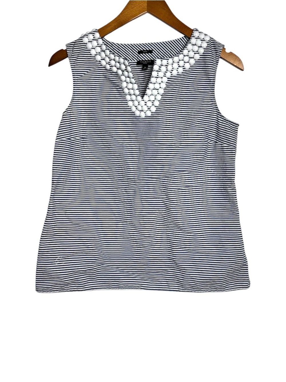 Talbots Navy & White Striped Sleeveless Top with Beaded V-Neck Size 8P